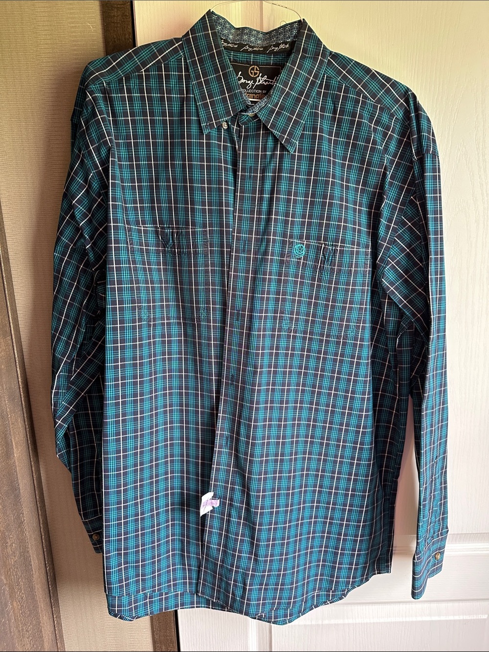 XL GEORGE STRAIT Wrangler Plaid Button-Down Shirt in Teal/Black